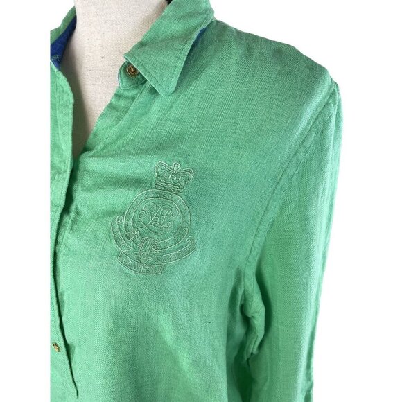 Lauren Ralph Lauren Linen Green Crested Long Sleeve Button Down Shirt Academia C - Picture 3 of 8